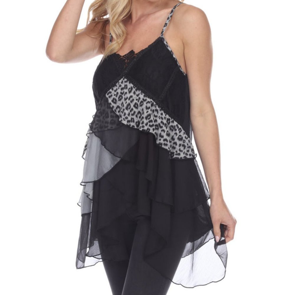 new PRETTY ANGEL TUNIC BLOUSE CAMI leopard bohemian flirty sext BLACK/GRAY S-XXL